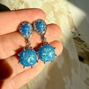 Bergdorf Goodman Unique Iridescent Blue Opaline Drop Crystal Halo Earrings